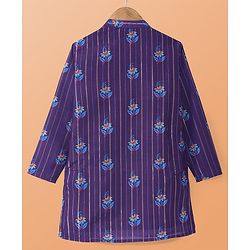 Pine Kids Cotton Woven Full Sleeves Floral Print & Striped Kurta Pyjama Set - Violet