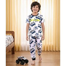 Pine Kids Single Jersey Knit Half Sleeves Night Suit Car Print - White & Navy