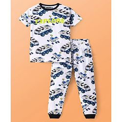 Pine Kids Single Jersey Knit Half Sleeves Night Suit Car Print - White & Navy