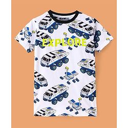 Pine Kids Single Jersey Knit Half Sleeves Night Suit Car Print - White & Navy