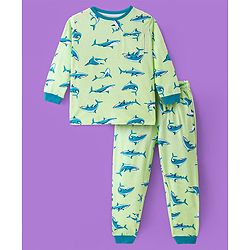Pine Kids Single Jersey Knit Full Sleeves Night Suit with Whale Print - Light Green