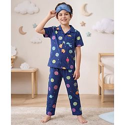 Pine Kids Single Jersey Knit Half Sleeves Front Open Collared Night Suit Space Theme Print -Navy