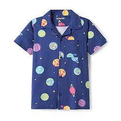 Pine Kids Single Jersey Knit Half Sleeves Front Open Collared Night Suit Space Theme Print -Navy