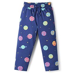 Pine Kids Single Jersey Knit Half Sleeves Front Open Collared Night Suit Space Theme Print -Navy