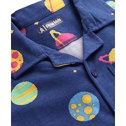 Pine Kids Single Jersey Knit Half Sleeves Front Open Collared Night Suit Space Theme Print -Navy