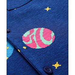 Pine Kids Single Jersey Knit Half Sleeves Front Open Collared Night Suit Space Theme Print -Navy