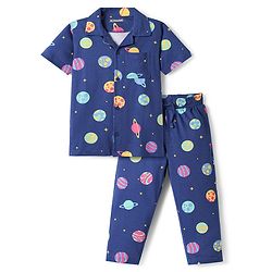 Pine Kids Single Jersey Knit Half Sleeves Front Open Collared Night Suit Space Theme Print -Navy