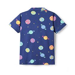 Pine Kids Single Jersey Knit Half Sleeves Front Open Collared Night Suit Space Theme Print -Navy