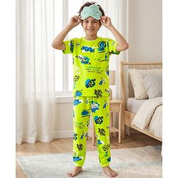 Pine Kids Single Jersey Knit Half Sleeves Night Suit Text Print -Neon Green
