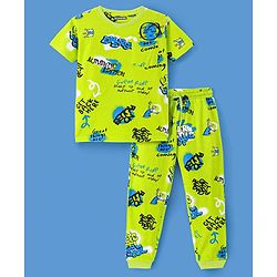 Pine Kids Single Jersey Knit Half Sleeves Night Suit Text Print -Neon Green
