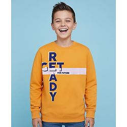 Pine Kids Cotton Knit Full Sleeves Pullover Sweatshirt with Text Print - Mustard
