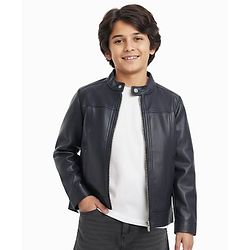 Pine Kids Full Sleeves High Neck Solid Colour Leather Jacket - Black