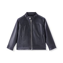 Pine Kids Full Sleeves High Neck Solid Colour Leather Jacket - Black