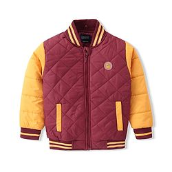 Pine Kids Cotton Knit Full Sleeves Bomber Jacket with Patch Detailing - Maroon & Yellow