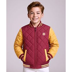 Pine Kids Cotton Knit Full Sleeves Bomber Jacket with Patch Detailing - Maroon & Yellow