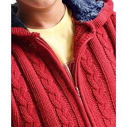 Pine Kids Knitted Full Sleeves Hooded Front Open Sweater with Cable Knit Design - Dark Red