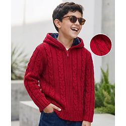 Pine Kids Knitted Full Sleeves Hooded Front Open Sweater with Cable Knit Design - Dark Red