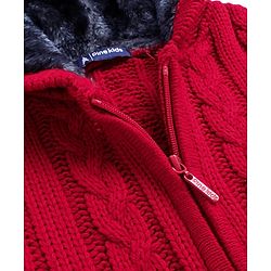 Pine Kids Knitted Full Sleeves Hooded Front Open Sweater with Cable Knit Design - Dark Red
