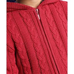 Pine Kids Knitted Full Sleeves Hooded Front Open Sweater with Cable Knit Design - Dark Red