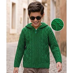 Pine Kids Knitted Full Sleeves Hooded Front Open Sweater with Cable Knit Design - Green