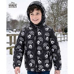 Pine Kids Disney Woven Full Sleeves Padded Hooded Jacket with Mickey Mouse Graphics - Black
