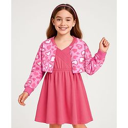 Pine Kids Cotton Knit Full Sleeves Hearts Printed Jacket with Solid Color Frock - Dark Pink
