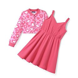 Pine Kids Cotton Knit Full Sleeves Hearts Printed Jacket with Solid Color Frock - Dark Pink
