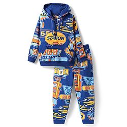 Pine Kids Cotton Knit Full Sleeves Text Printed Winter Wear Hooded Sweatshirt & Joggers Set with Kangaroo Pockets - Blue