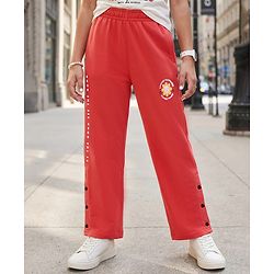 Pine Kids Knit Full Length Lounge Pant With Floral & Text Print - Red