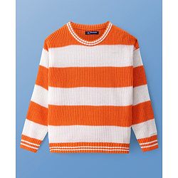 Pine Kids Knitted Full Sleeves Pullover Sweater With Stripes Design - Orange & White