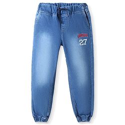 Pine Kids Full Length Washed Denim Jeans with Text Embroidery - Blue