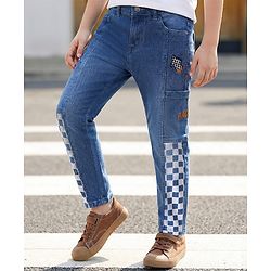 Pine Kids Full Length Washed Denim Jeans with Text Embroidery & Cut & Sew Design - Blue