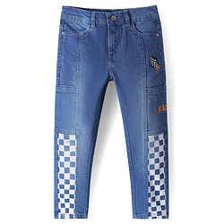 Pine Kids Full Length Washed Denim Jeans with Text Embroidery & Cut & Sew Design - Blue