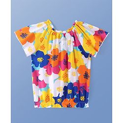 Pine Kids Cotton Knit Half Sleeves Top with Floral Print- Snow White