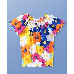 Pine Kids Cotton Knit Half Sleeves Top with Floral Print- Snow White