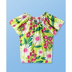 Pine Kids Cotton Knit Half Sleeves Top with Floral Print - Green