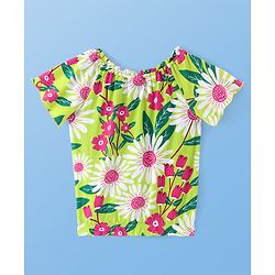 Pine Kids Cotton Knit Half Sleeves Top with Floral Print - Green