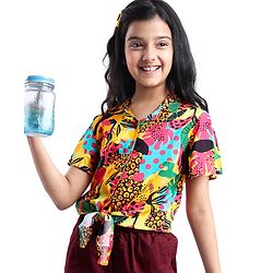 Pine Kids Viscose Woven Half Sleeves Top with Floral Print & Tie Knot Design - Multicolor