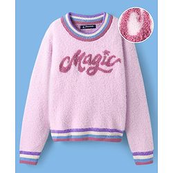 Pine Kids Knit Full Sleeves Striped Pullover Sweater with Text Embroidery - Pink