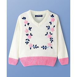 Pine Kids Knitted Full Sleeves Pullover Sweater With Floral Embroidery - Off White