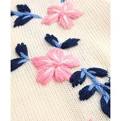 Pine Kids Knitted Full Sleeves Pullover Sweater With Floral Embroidery - Off White