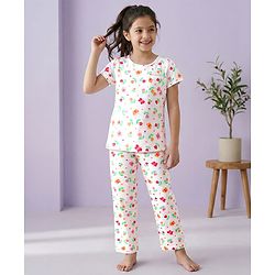 Pine Kids Cotton Knit Half Sleeves Night Suit With Floral Print - Off White