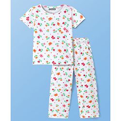 Pine Kids Cotton Knit Half Sleeves Night Suit With Floral Print - Off White