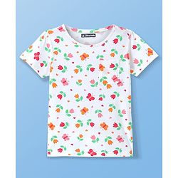 Pine Kids Cotton Knit Half Sleeves Night Suit With Floral Print - Off White