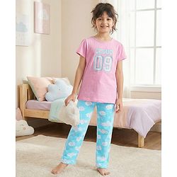 Pine Kids Cotton Knit Half Sleeves Night Suit With Text Print - Light Pink & Blue
