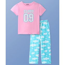 Pine Kids Cotton Knit Half Sleeves Night Suit With Text Print - Light Pink & Blue