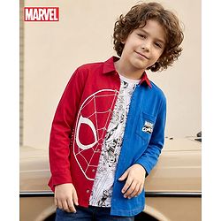 Pine Kids Marvel Terry Twofer Full Sleeve Shirt and Sleeveless T-Shirt Set With Spiderman Graphics and Pocket Detailing - Navy Red & White