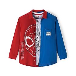 Pine Kids Marvel Terry Twofer Full Sleeve Shirt and Sleeveless T-Shirt Set With Spiderman Graphics and Pocket Detailing - Navy Red & White