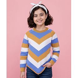 Pine Kids Knitted Raglan Full Sleeves Chervon Designed Pullover Sweater - White Blue & Golden