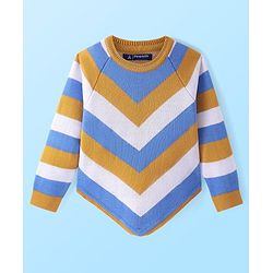 Pine Kids Knitted Raglan Full Sleeves Chervon Designed Pullover Sweater - White Blue & Golden